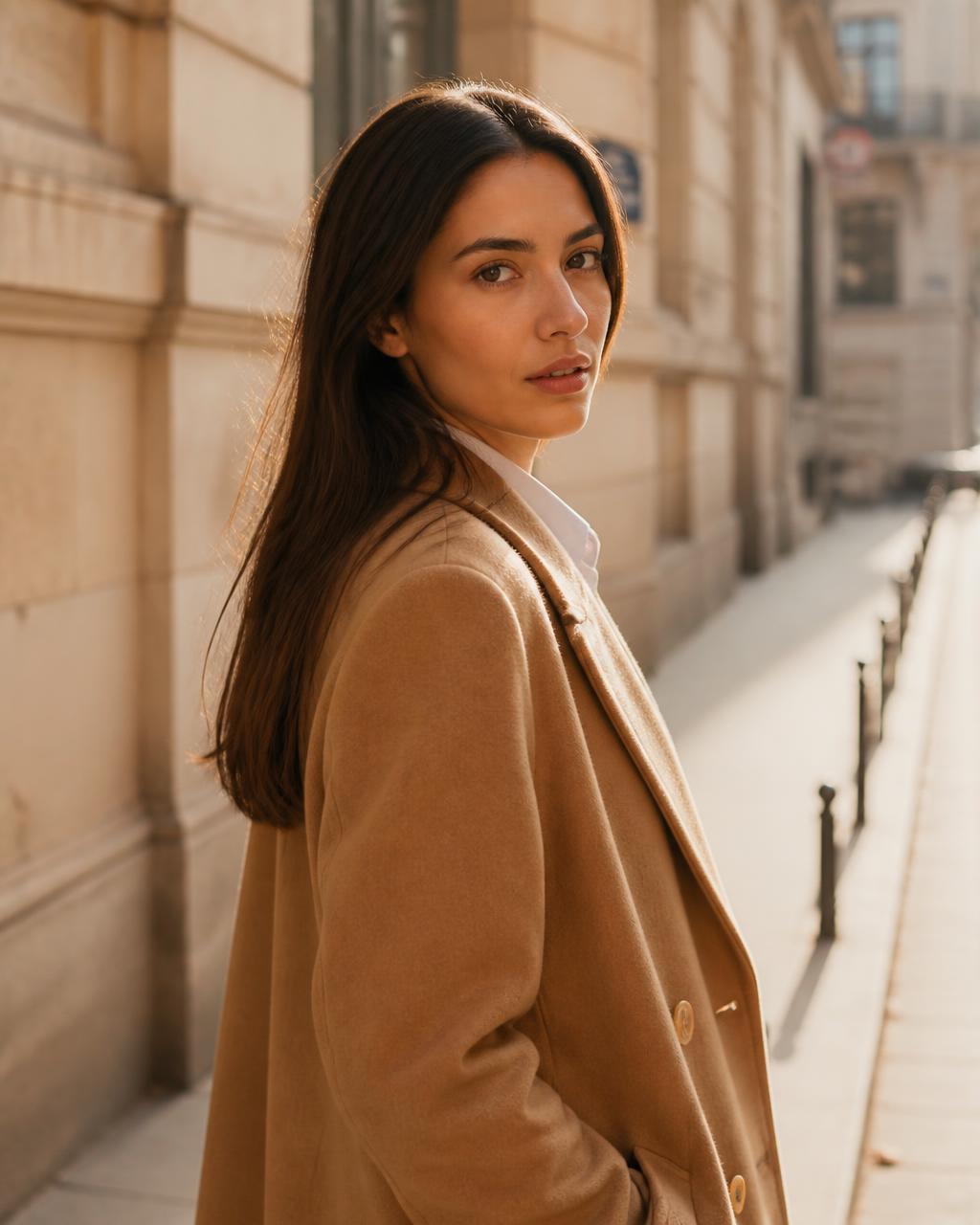 Modelo creada con IA con abrigo camel en una calle con luz dorada