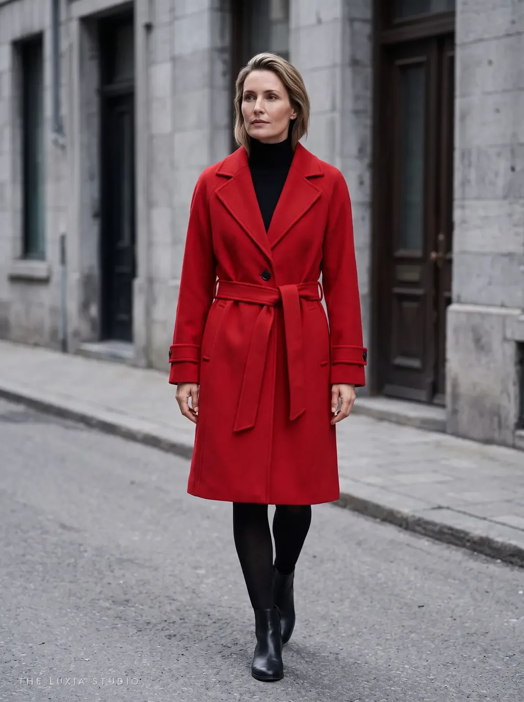 Después, ambiente: modelo creada con IA con el mismo abrigo de lana rojo caminando por una calle urbana