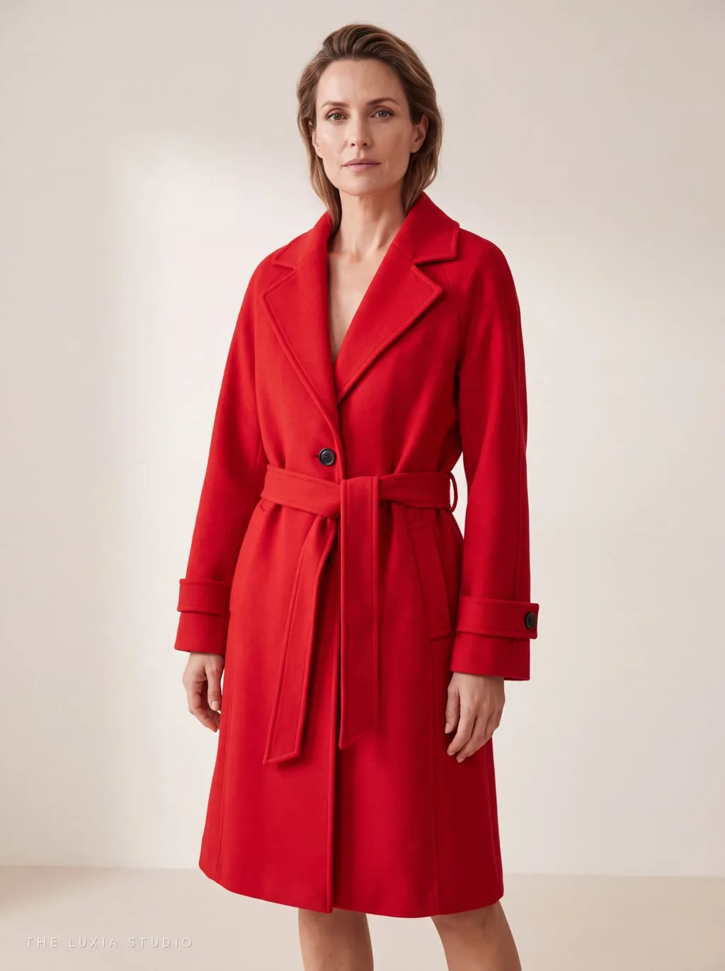 Después, estudio: modelo creada con IA con el mismo abrigo de lana rojo sobre fondo neutro claro