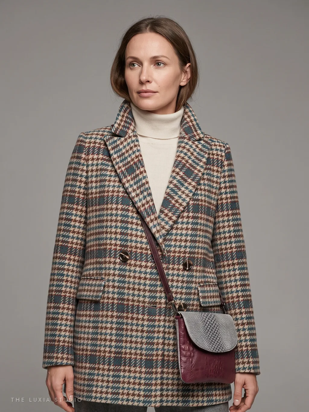 Después, estudio: modelo creada con IA con el mismo blazer de cuadros, jersey blanco y bolso bandolera sobre fondo gris neutro