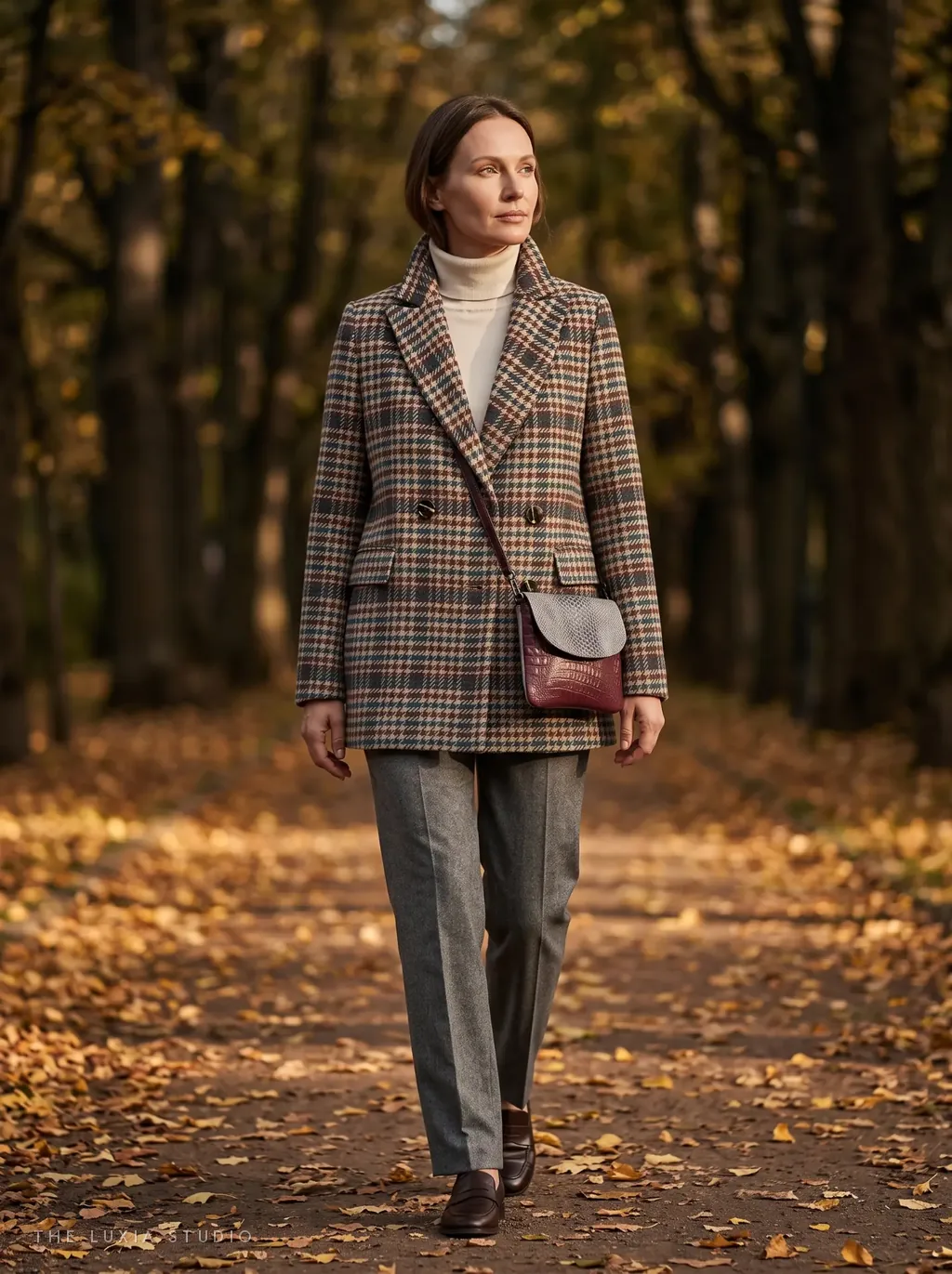 Después, ambiente: modelo creada con IA con el mismo blazer de cuadros y bolso bandolera caminando por un sendero de parque otoñal