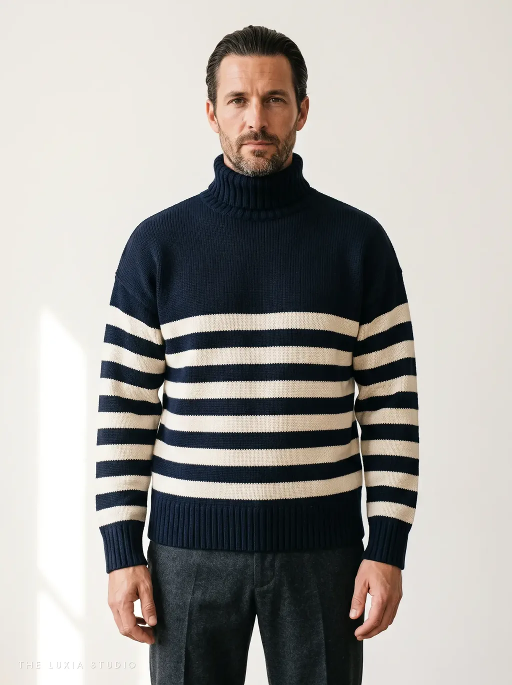 Después, estudio: modelo creado con IA con el mismo jersey de rayas sobre fondo blanco
