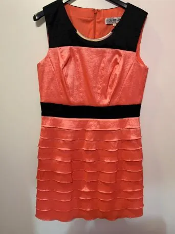 Foto original: vestido coral sin mangas con detalles en negro colgado en una percha sobre una pared clara