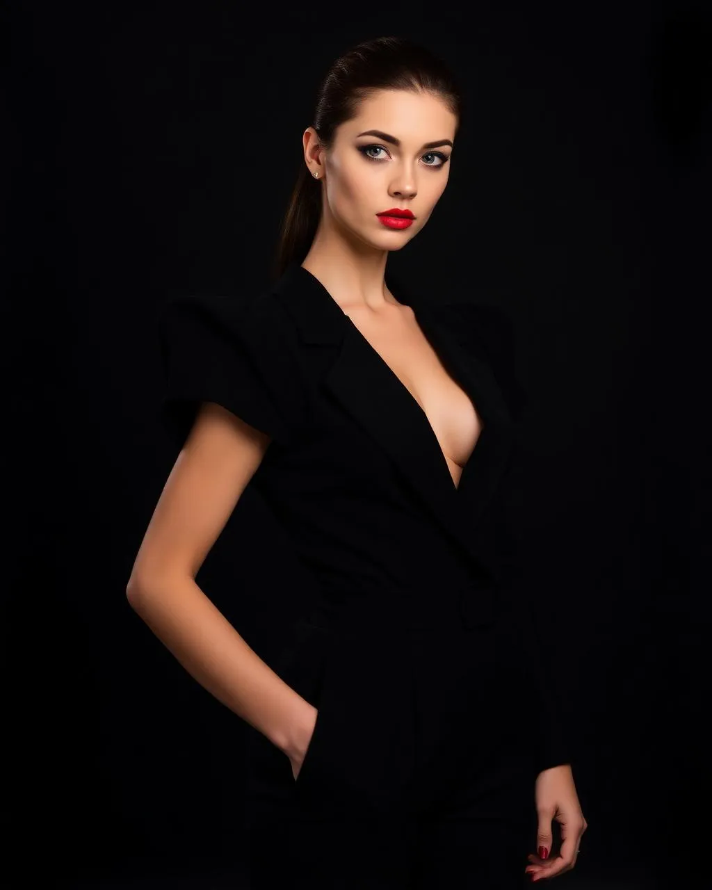 Modelo creada con IA con blazer negro escotado y labios rojos sobre fondo negro