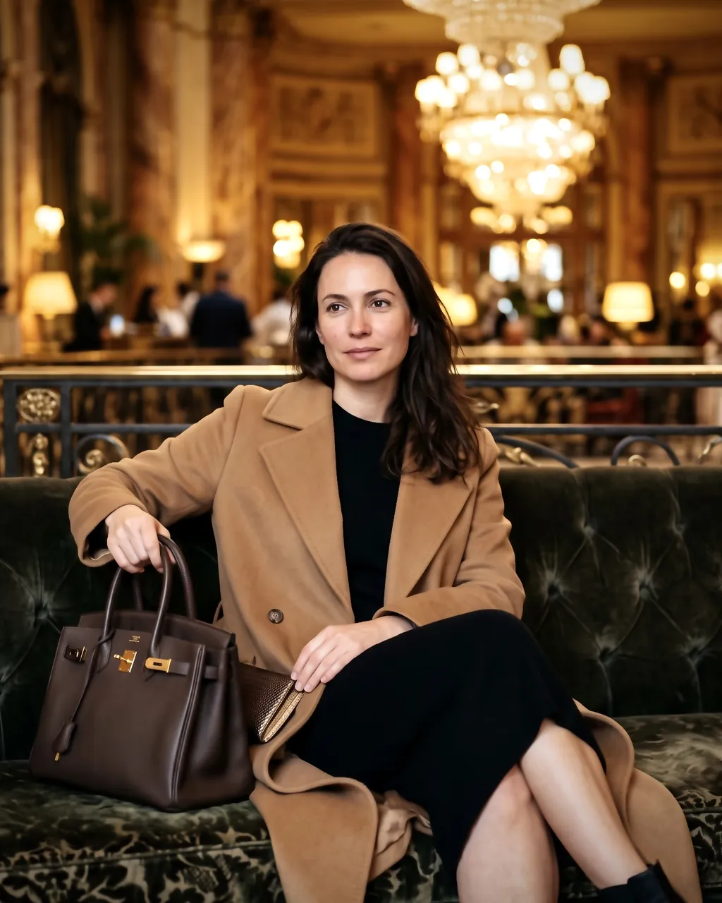 Modelo creada con IA con abrigo camel y bolso de piel marrón sentada en un salón de hotel clásico