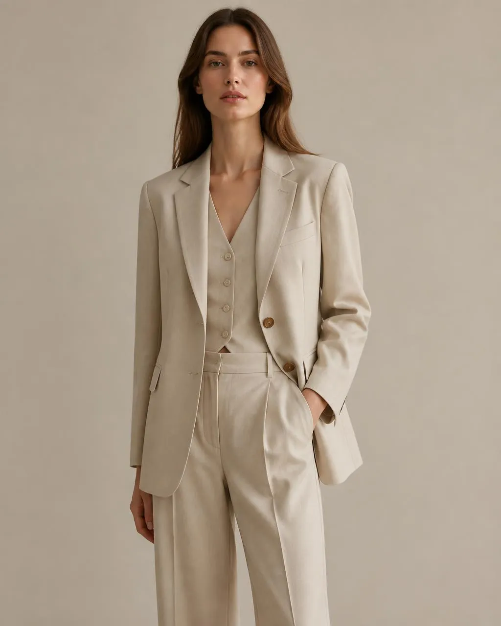 Modelo creada con IA con americana y pantalón beige sobre fondo neutro de estudio