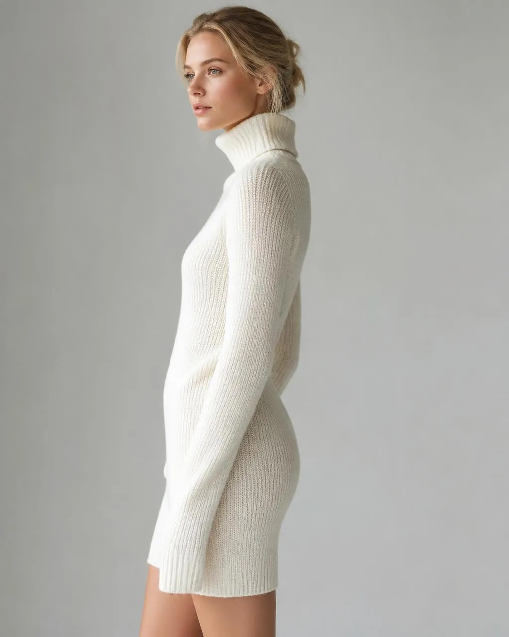 Modelo creada con IA con vestido de punto blanco de cuello alto de perfil sobre fondo gris claro