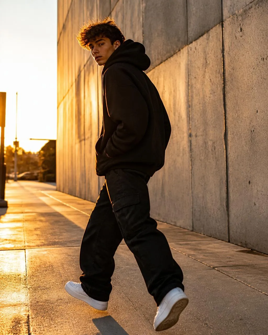Modelo creado con IA con sudadera negra con capucha caminando junto a un muro de hormigón al atardecer