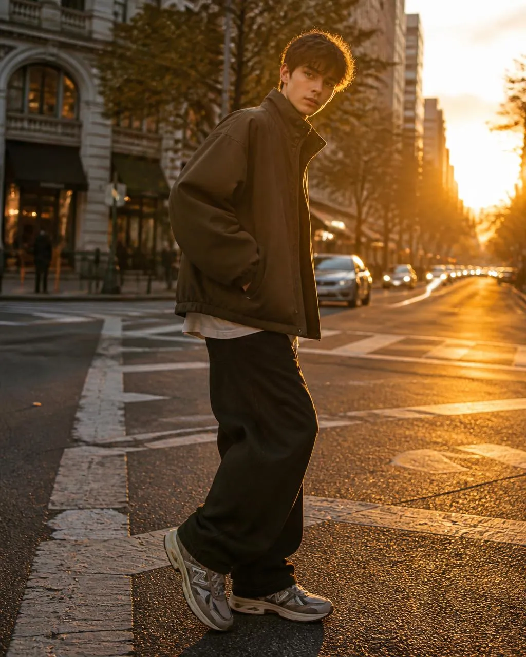 Modelo creado con IA con chaqueta marrón y pantalón ancho en una avenida urbana con luz dorada