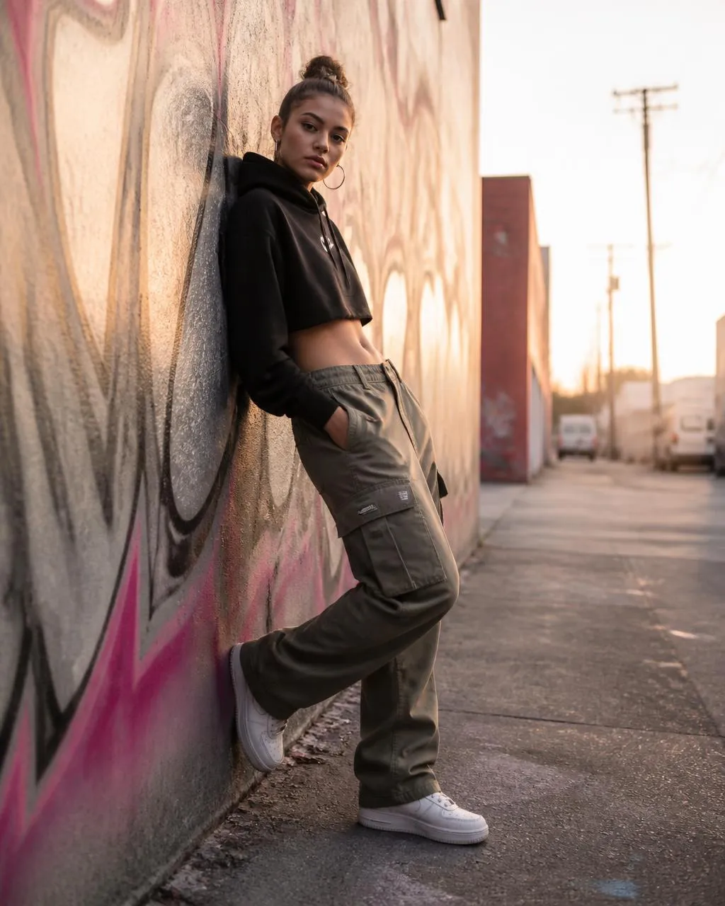 Modelo creada con IA con top negro y pantalón cargo apoyada en un muro con grafiti