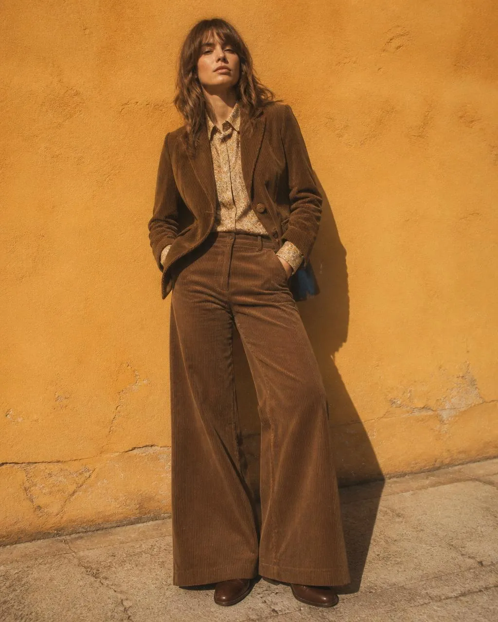 Modelo creada con IA con traje marrón de pantalón acampanado ante una pared ocre en estilo setentero